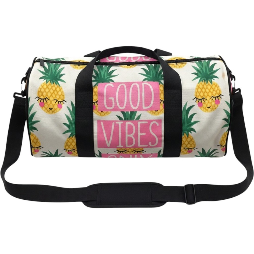 Good Vibes Pineapple Duffle Bag Cream Pink Canvas Gym Travel Barrel Bag T2
